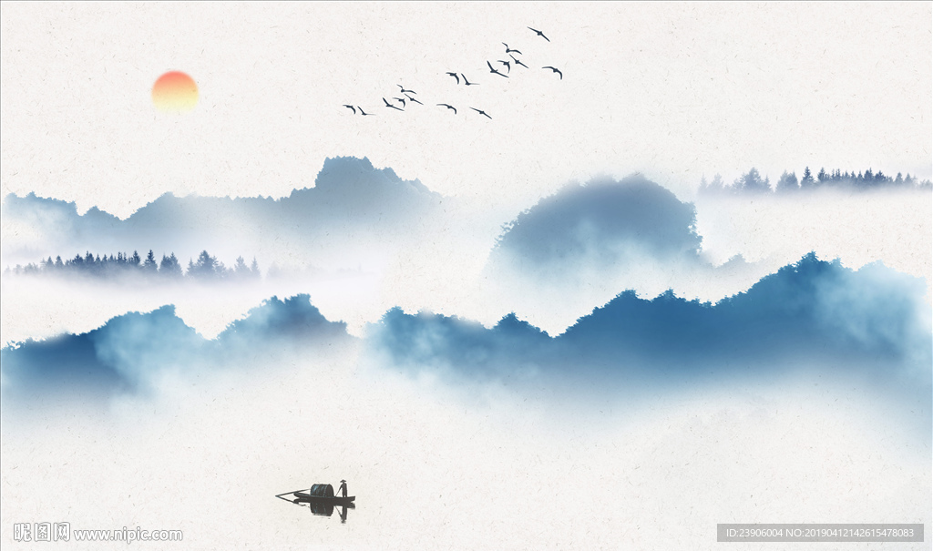 大型山水壁画 蓝色山水画