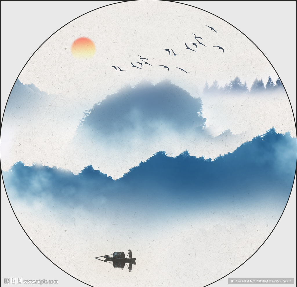 蓝色山水画 圆形山水挂画