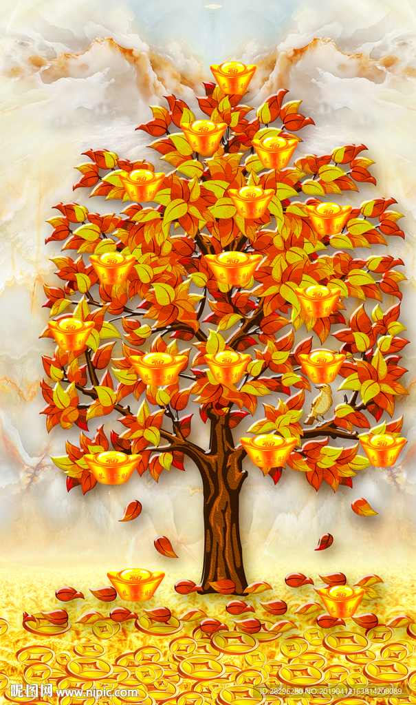 黄金发财树玄关装饰画