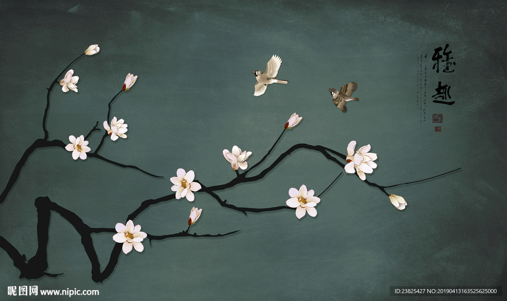 新中式手绘玉兰花鸟电视背景墙