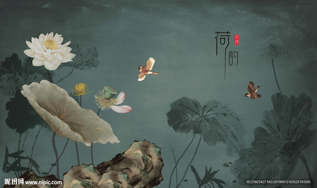 新中式手绘荷花电视背景墙