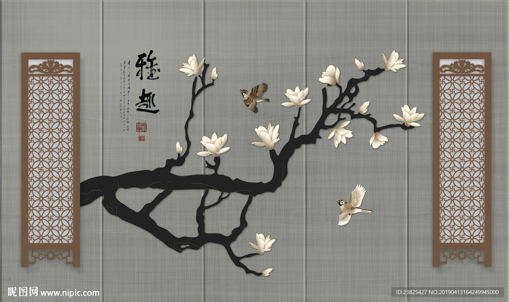 新中式手绘玉兰花鸟电视背景墙