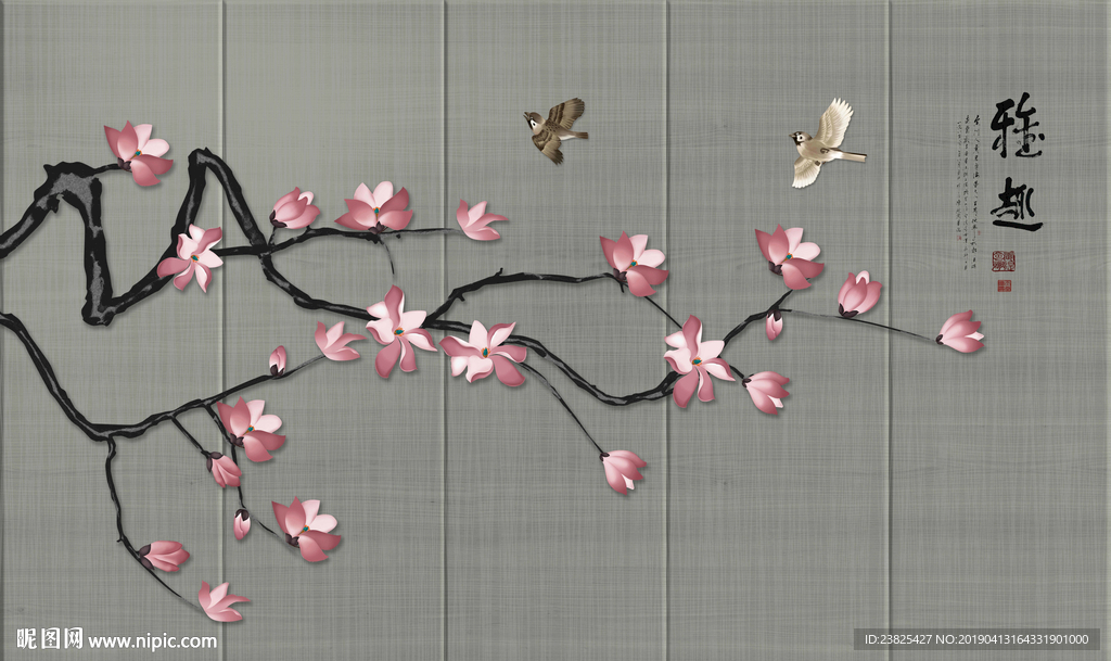 新中式手绘玉兰花鸟电视背景墙