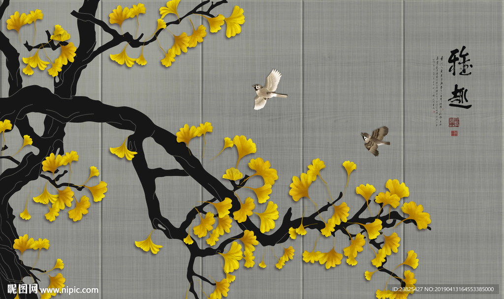 新中式手绘银杏花鸟电视背景墙