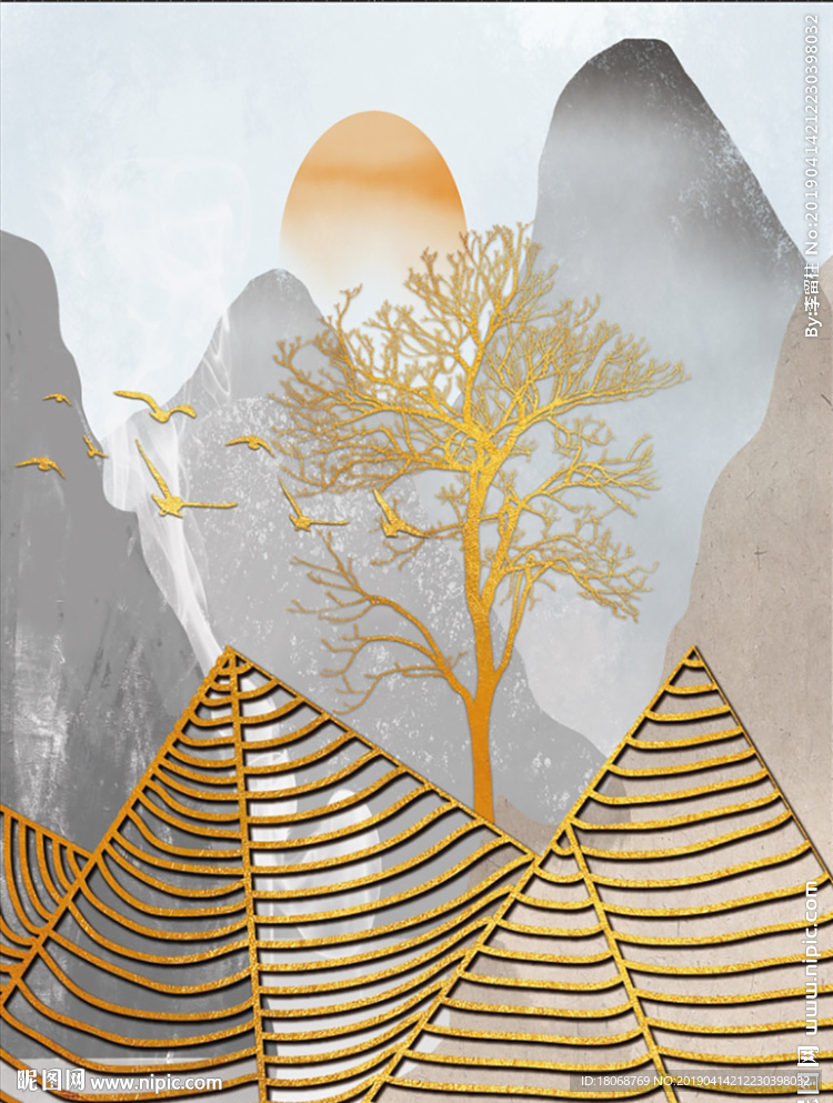 手绘抽象黄山风景装饰画