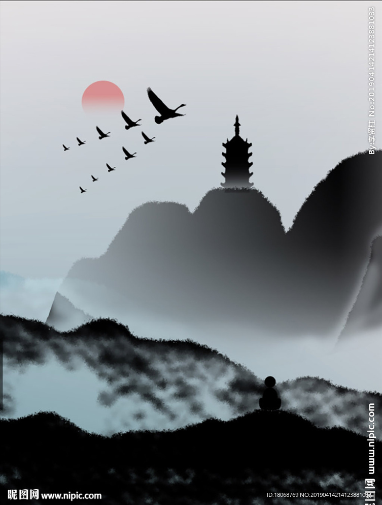 手绘禅意已经水墨山水客厅装饰画