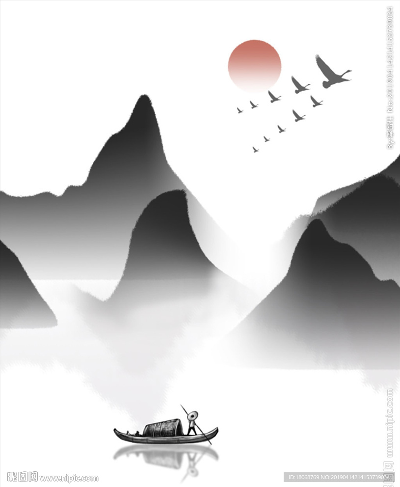 手绘水墨中式山水装饰画