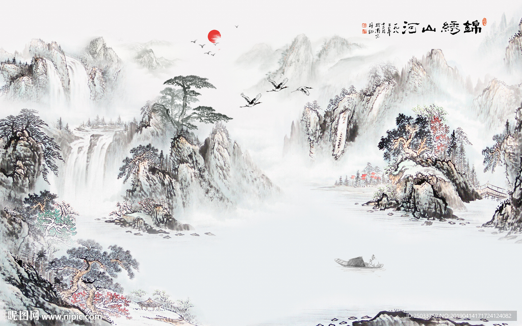 锦绣山河中式水墨国画玄关屏风电