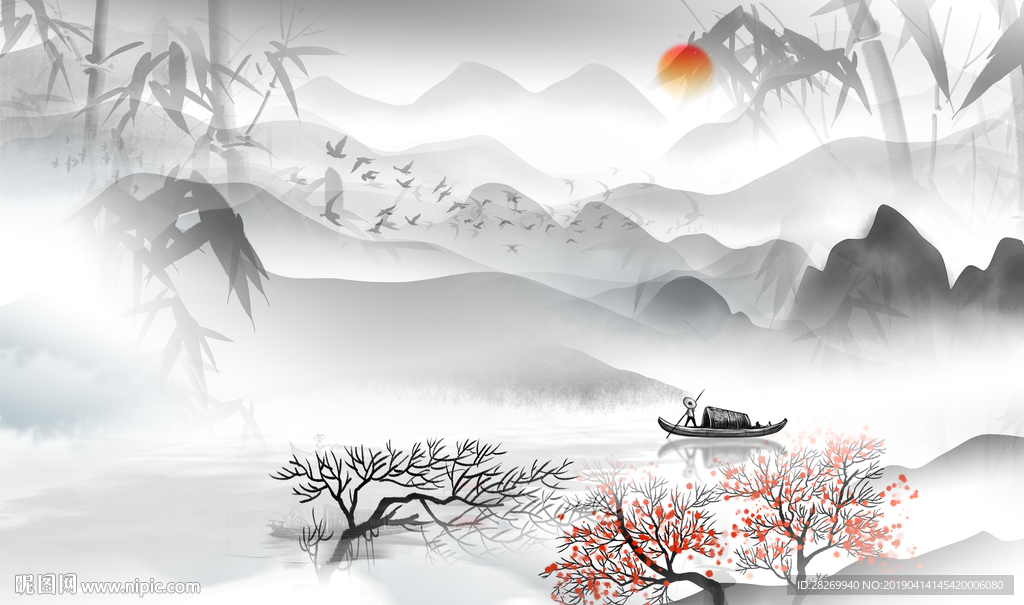 山水情水墨画