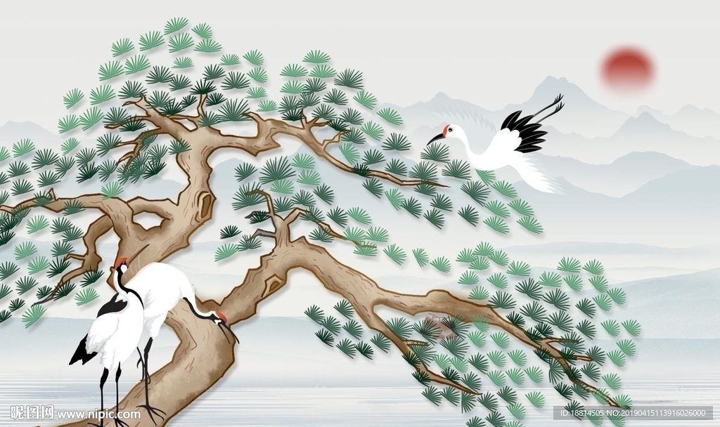 迎客松仙鹤彩雕背景墙