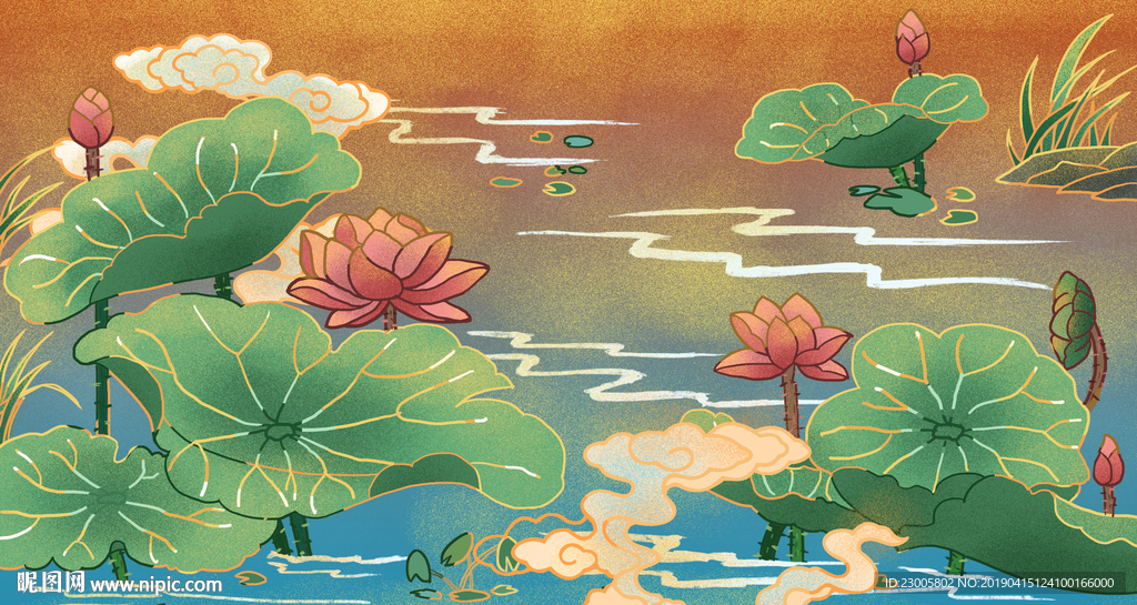 原创手绘荷花海报背景