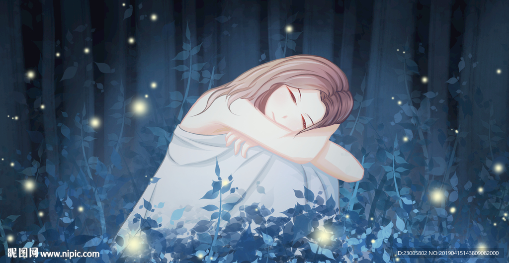 原创森林女孩手绘背景