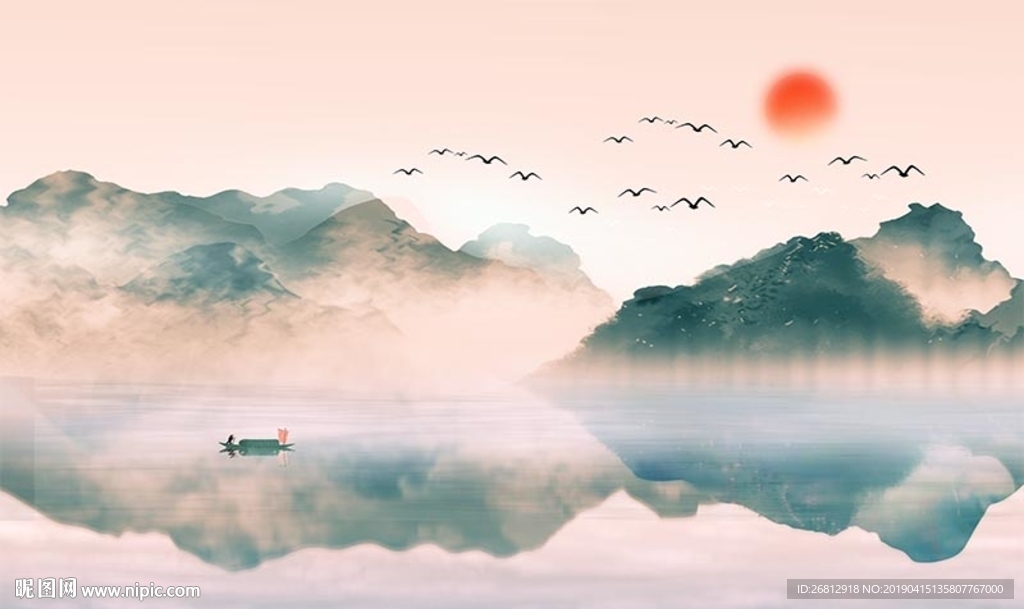 水墨山水水波倒影船只