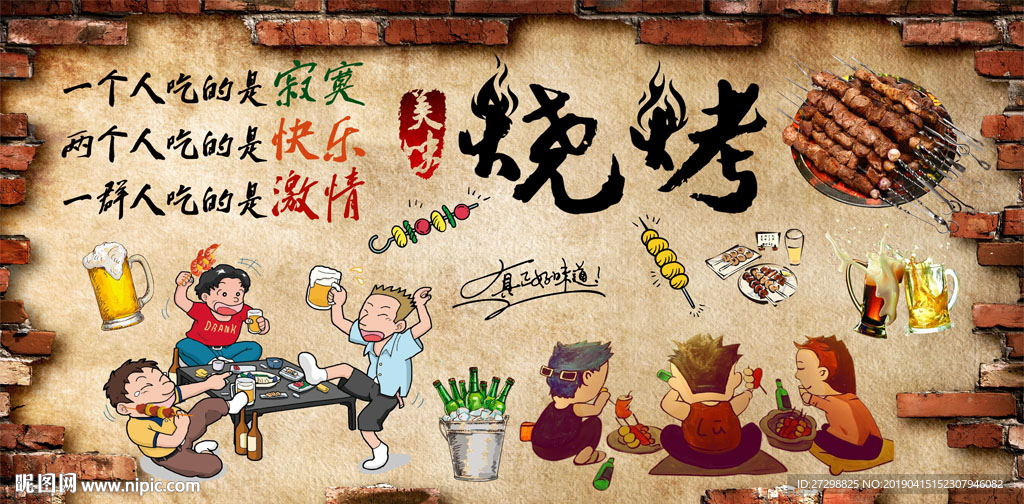 撸串烤肉烧烤店餐馆餐厅壁画背景