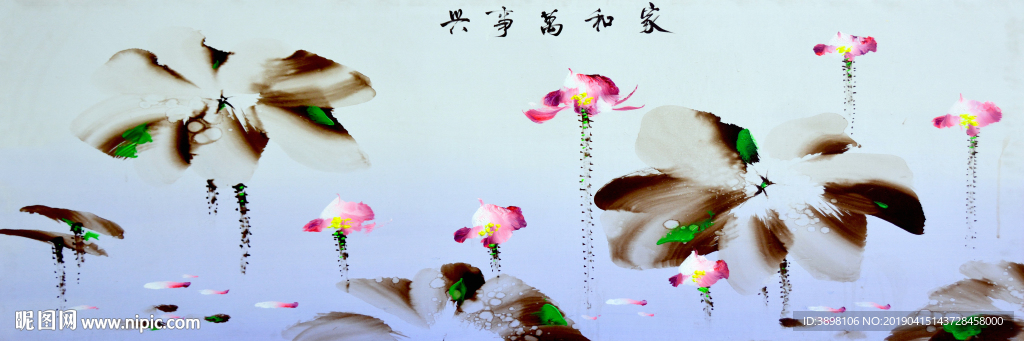 手绘 艺术荷花床头画背景墙