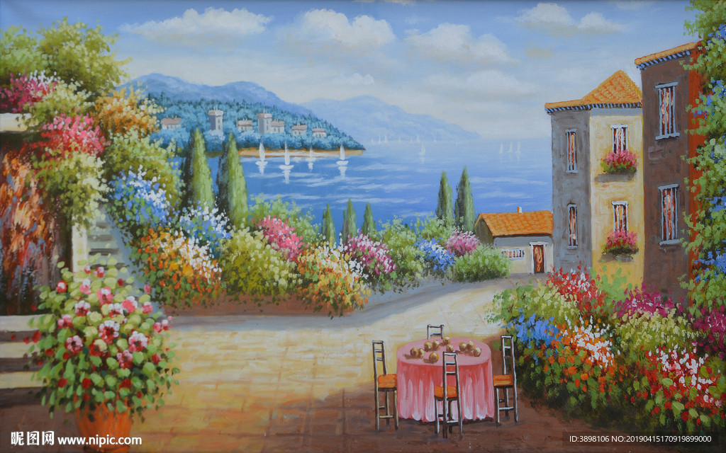 手绘大型地中海建筑风景背景墙