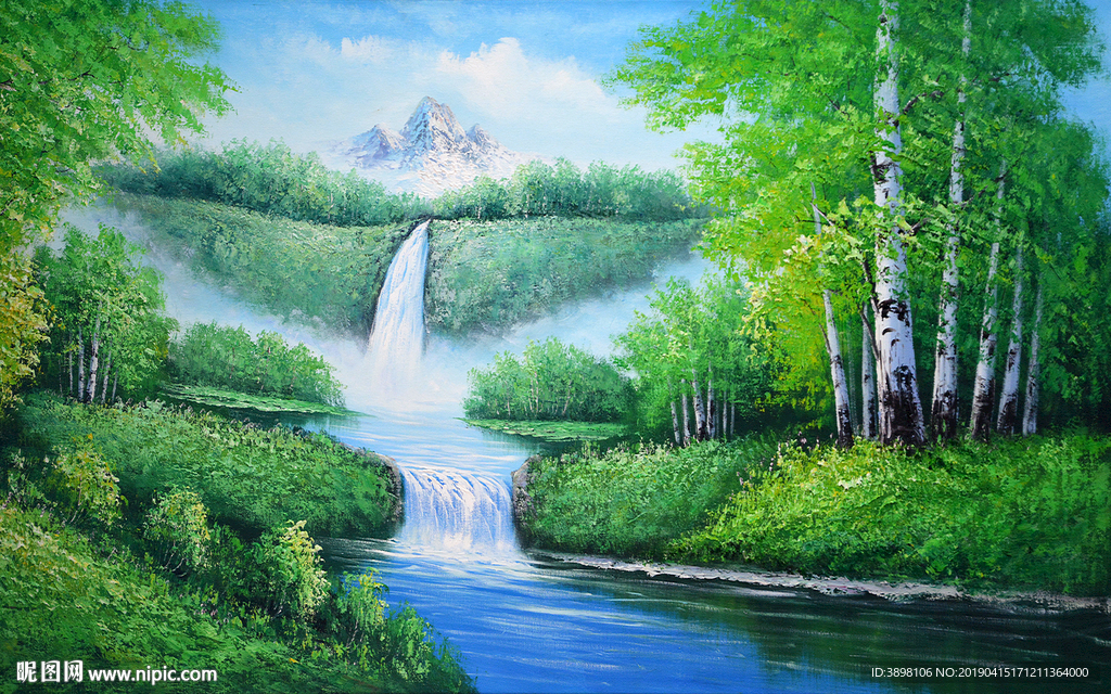 手绘油画田园流水背景墙