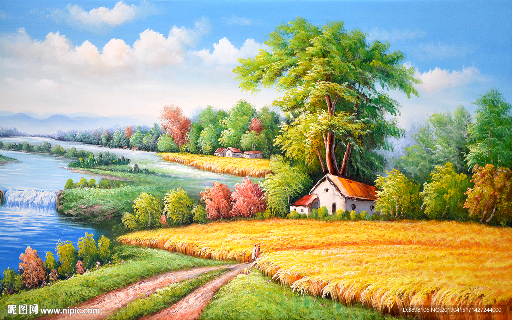 手绘大型黄金田园背景墙装饰画