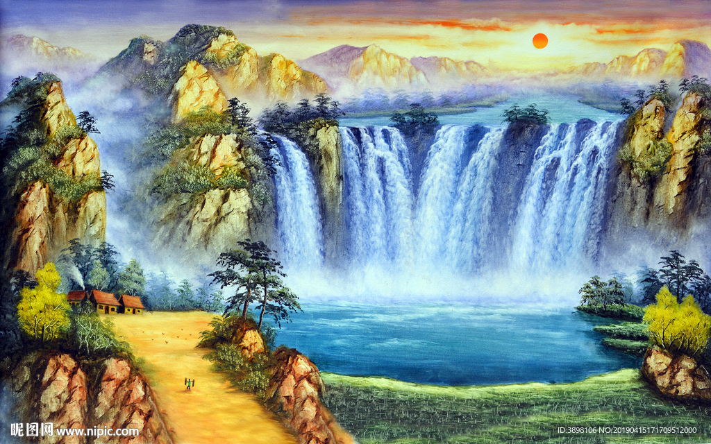 大型山水瀑布旭日东升背景墙