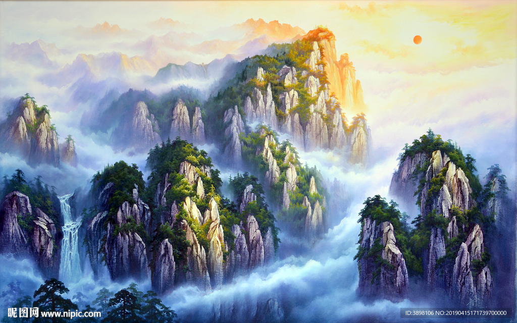 手绘嵩山旭日东升背景墙装饰画