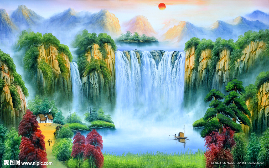 手绘油画大型山水旭日东升背景墙
