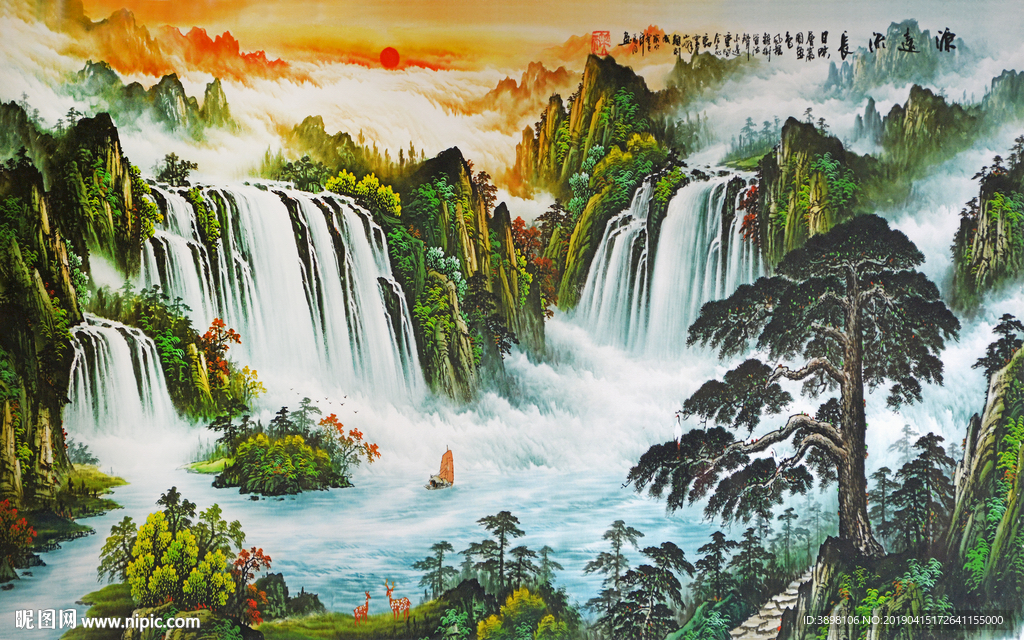 大型山水聚宝盆风水电视背景墙