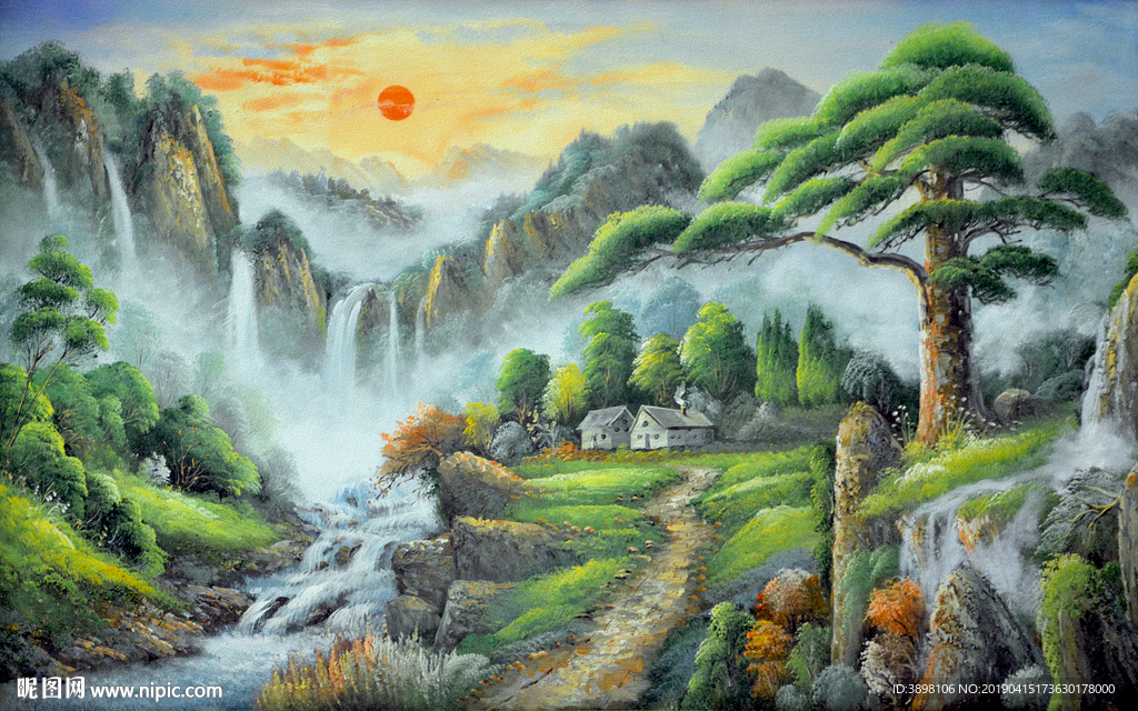 大型旭日东升迎客松电视背景墙