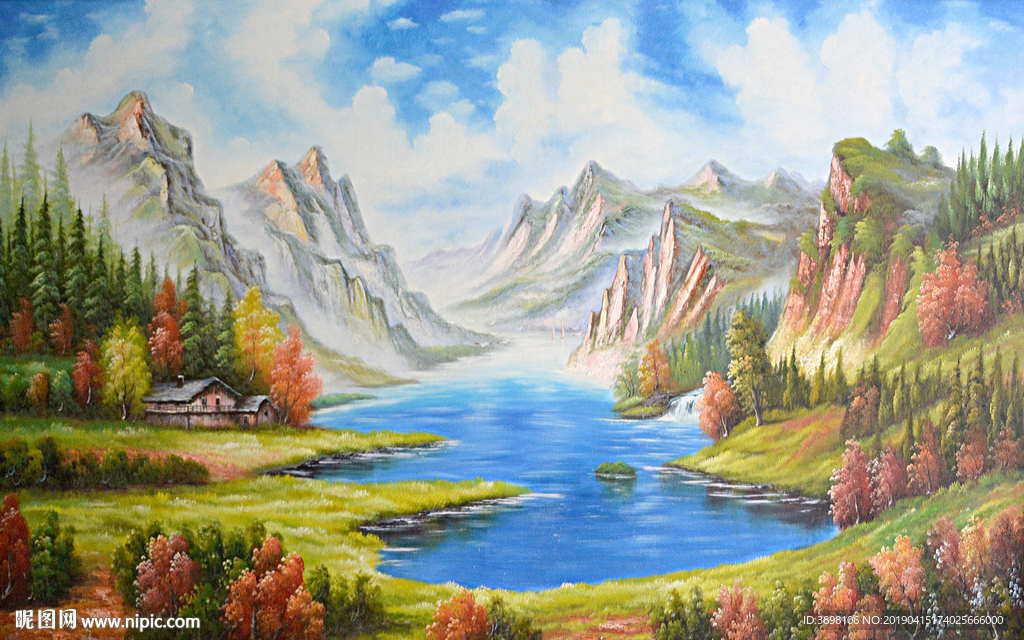 手绘山水聚宝盆背景墙