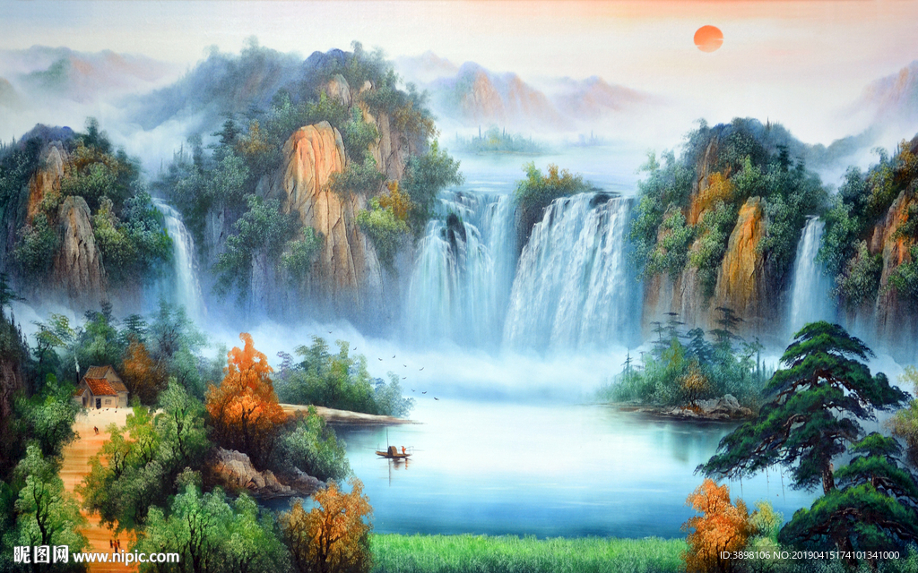 大型油画山水旭日东升背景墙