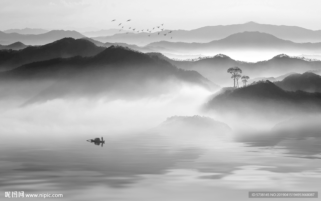 灰白水墨山水玄关屏风电视背景底