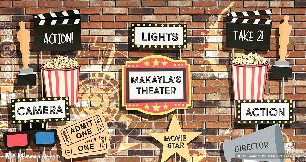 手绘电影元素砖墙工装背景