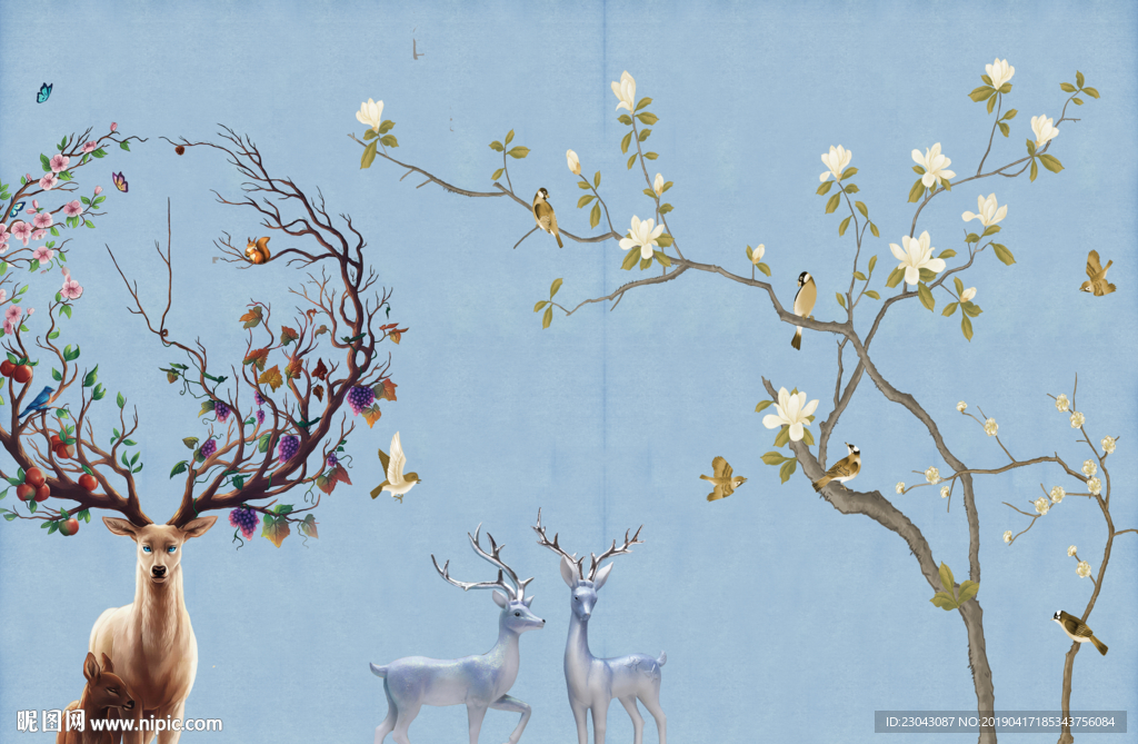 北欧山水3D树林麋鹿浮雕背景墙