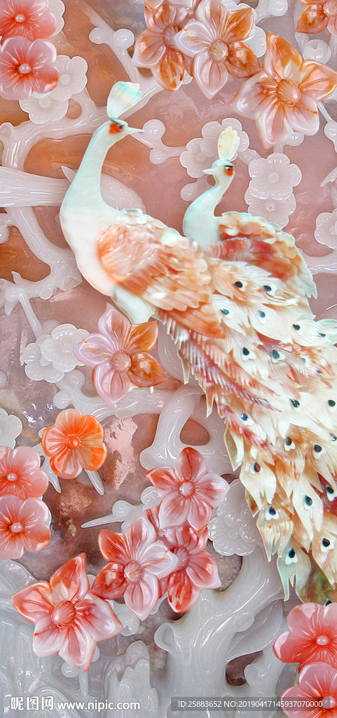 孔雀梅花玉雕玄关背景