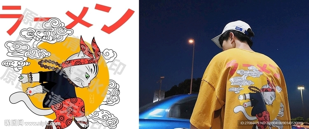 矢量潮牌忍者猫T恤印花班服图案