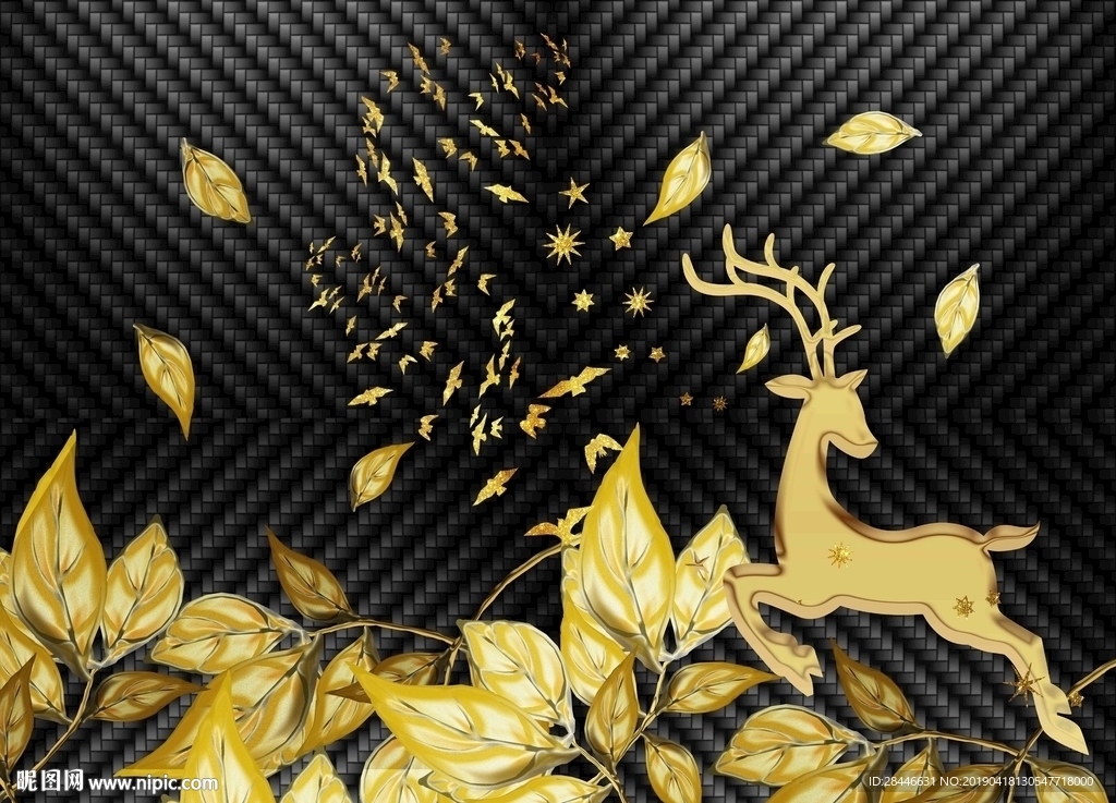 豪华黑金树叶麋鹿背景墙装饰画