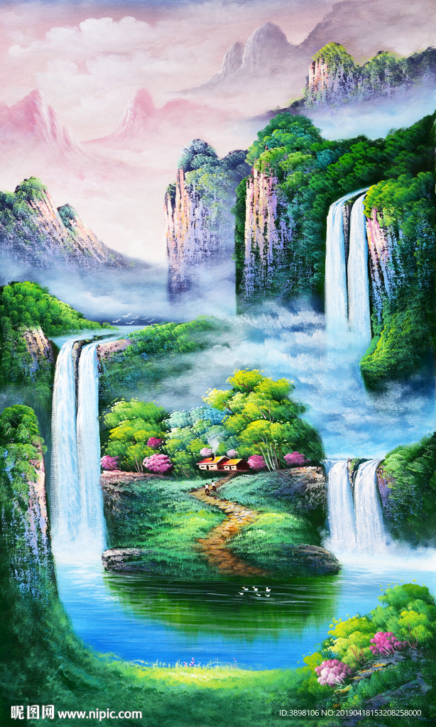 手绘高山瀑布聚宝盆玄关装饰画