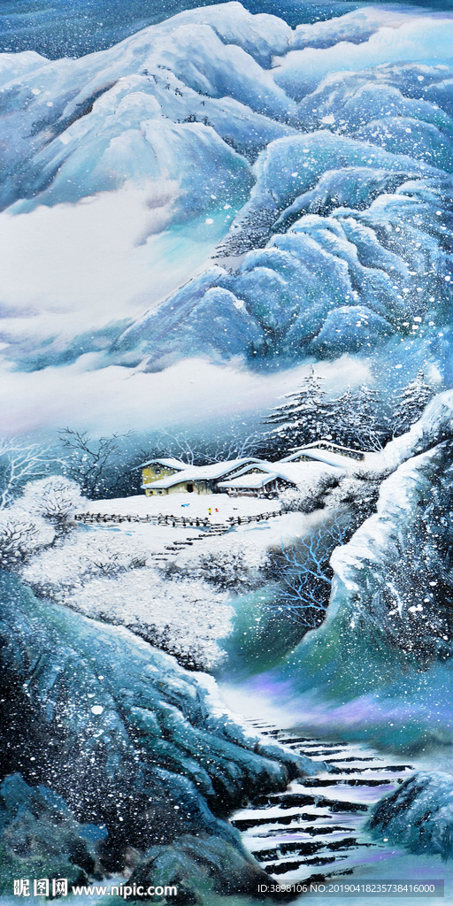 手绘冬季雪山风景玄关背景墙