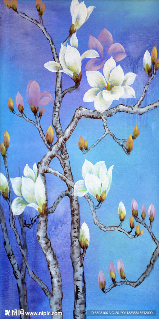 手绘花枝白色玉兰花玄关装饰画