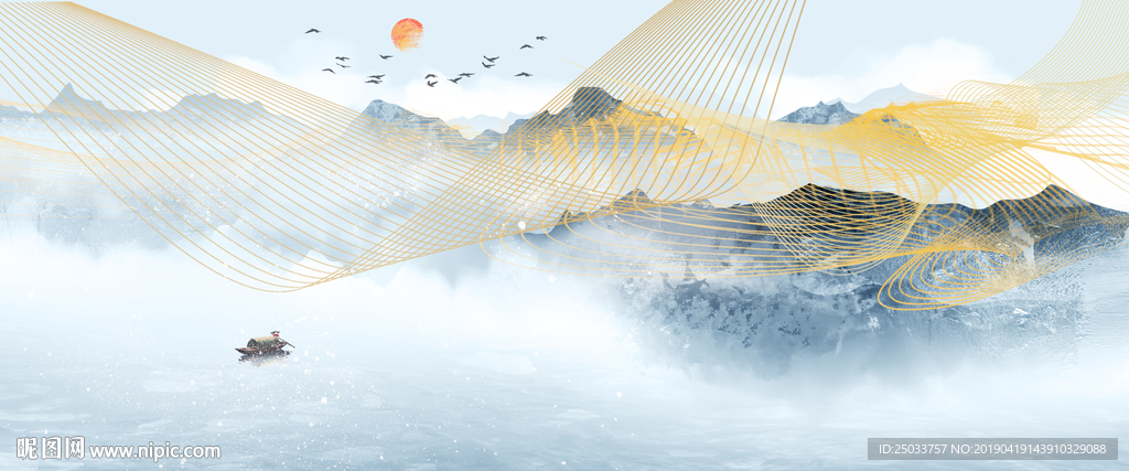 新中式抽象线条山水玄关屏风电视