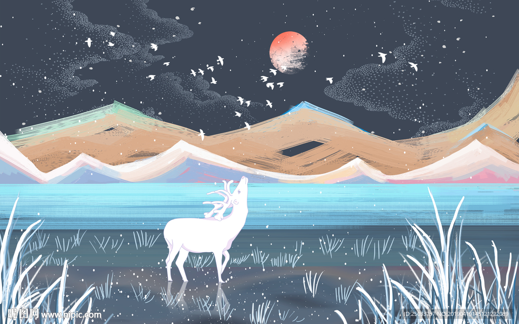 唯美插画鹿玄关屏风背景底纹装饰