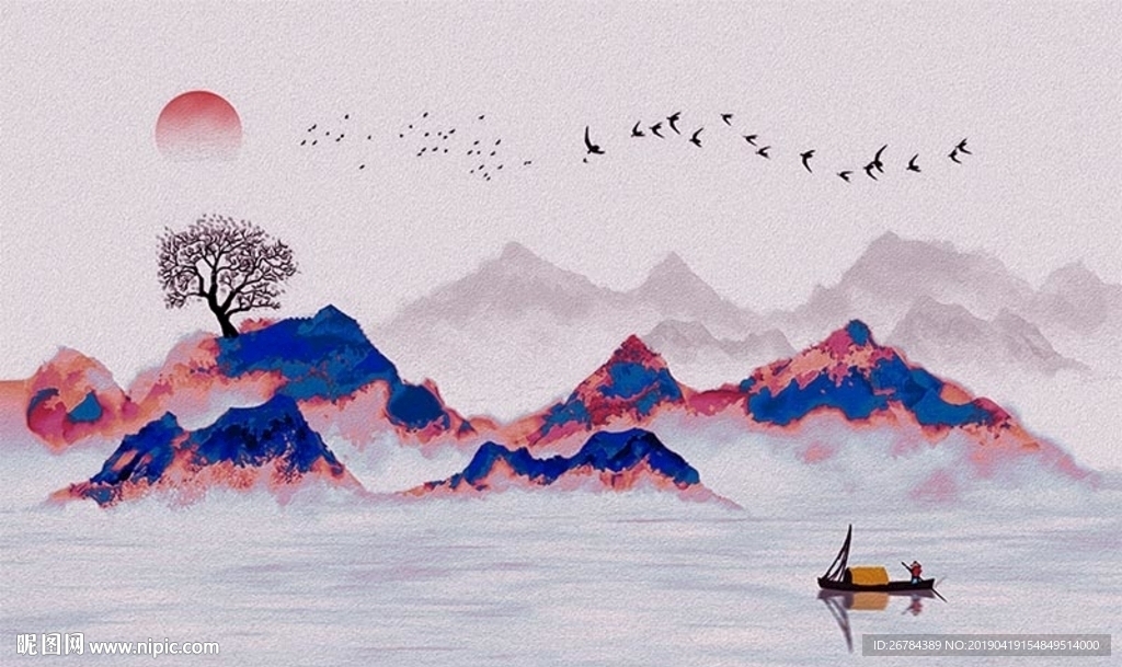 水墨山水画 船只