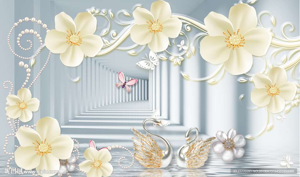 立体花卉天鹅3D空间背景墙