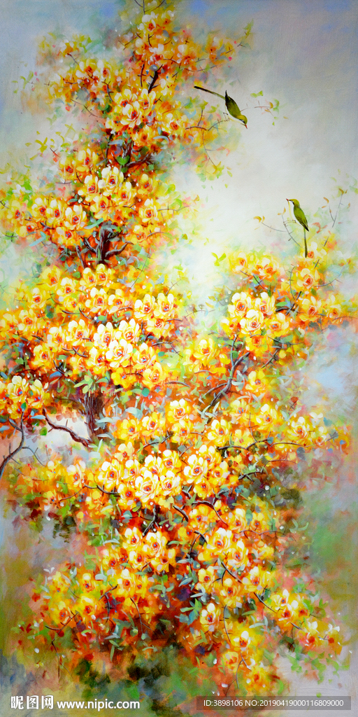 金色鸟语花香玄关装饰画