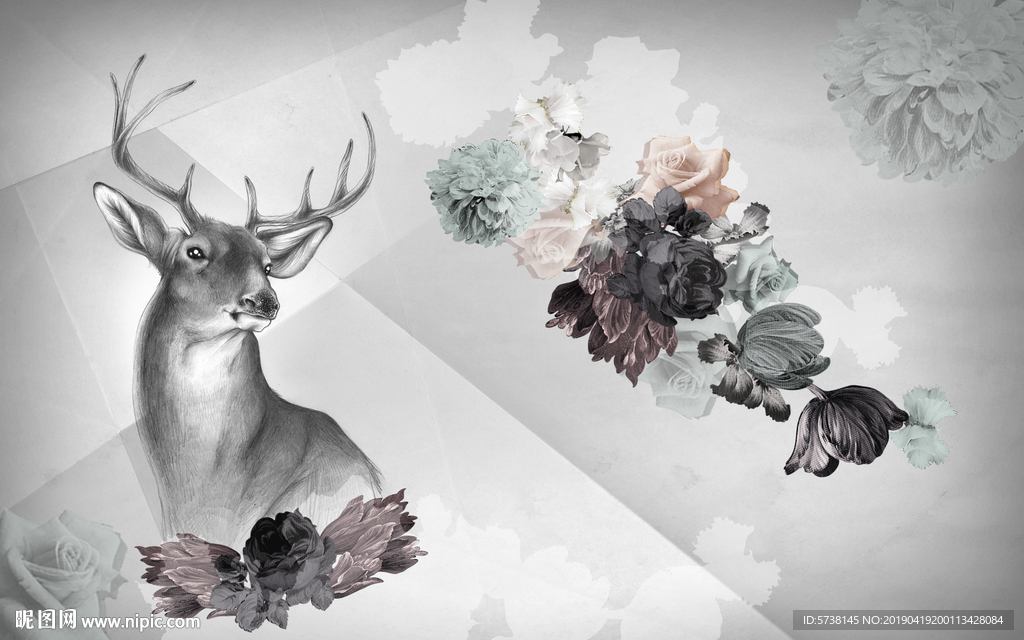 北欧麋鹿插画玄关屏风电视背景墙