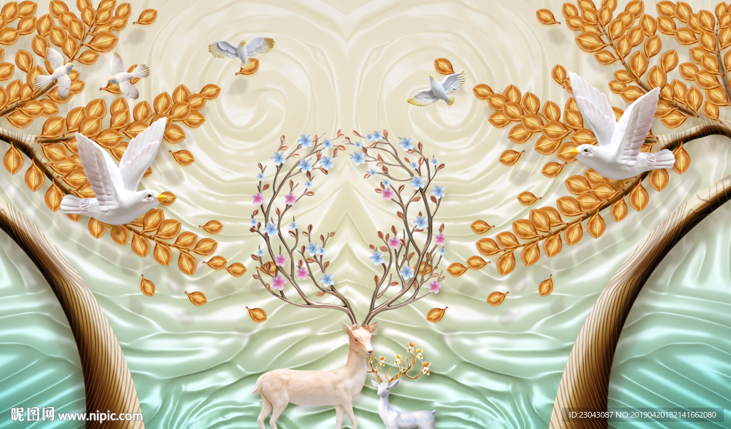 北欧简约发财树麋鹿浮雕背景墙