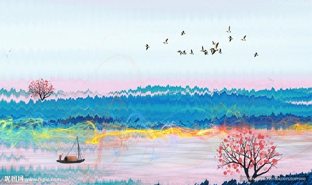 水彩水墨山水画樱花