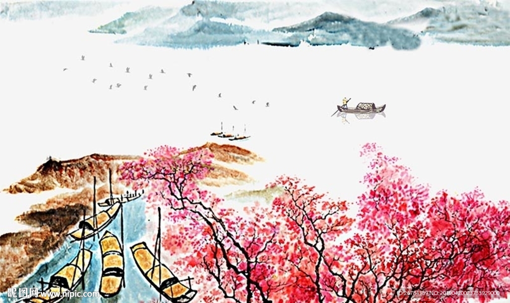 新中式轻奢水彩水墨画山水画