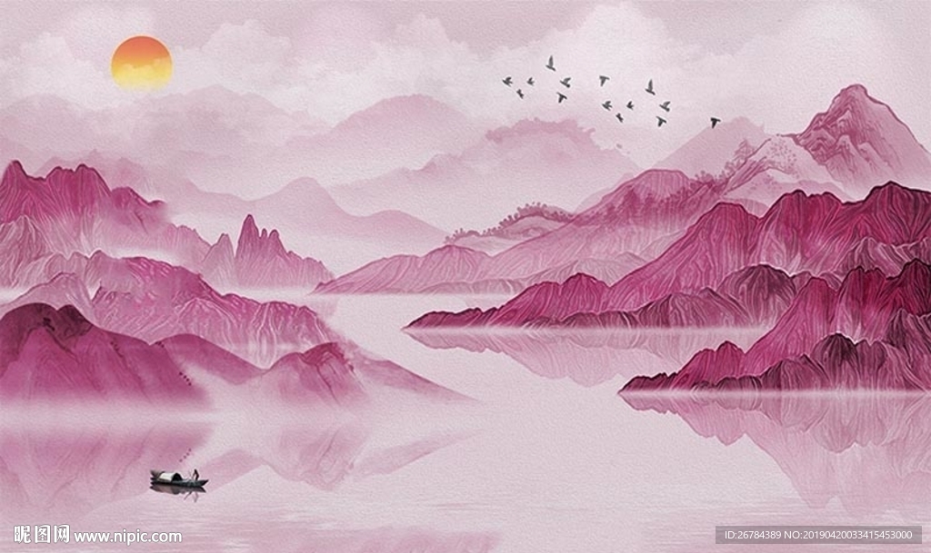 水彩单色山水水墨画