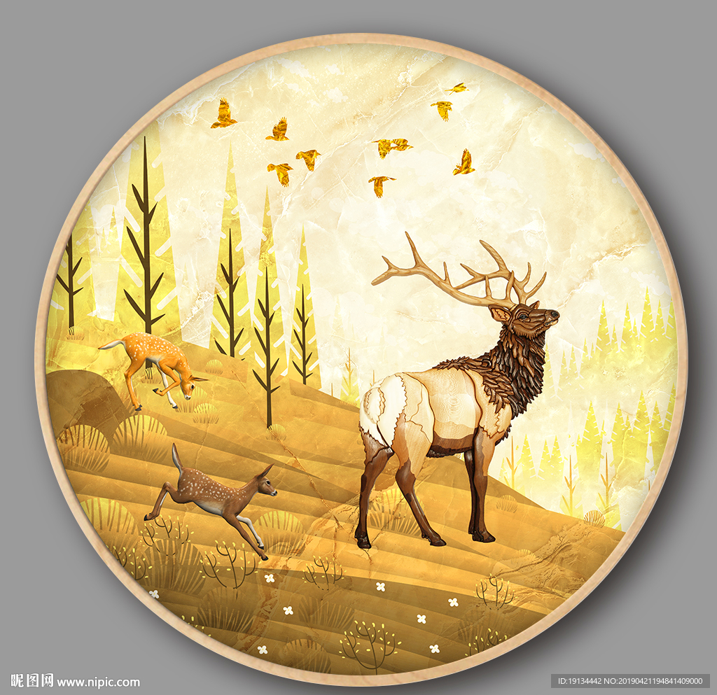 森林麋鹿风景新中式装饰画