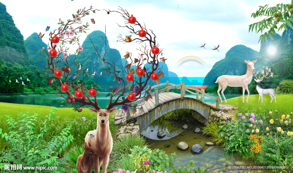 清新森林麋鹿北欧沙发电视背景